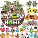 Interchangeable Welcome Sign for Front Door with 4 Seasonal Wreaths and 21 Changeable Icons, Farmhouse Rustic Outdoor Welcome Signs Porch, Holiday Spring Summer Winter Fall Decorations for Home Gifts