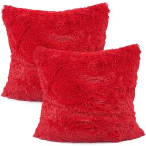 YOUR SMILE Pack of 2, Christmas Decorative New Luxury Series Merino Style Faux Fur Throw Pillow Case Cushion Cover 18" x 18"(Red)