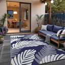 GENIMO Waterproof Outdoor Rug 9' x 12' for Patio Decor, Reversible Plastic Straw Area Rugs for Camping Clearance, RV Mat, Large Outside Carpet for Porch, Deck, Picni, Balcony, Garden, Blue & White