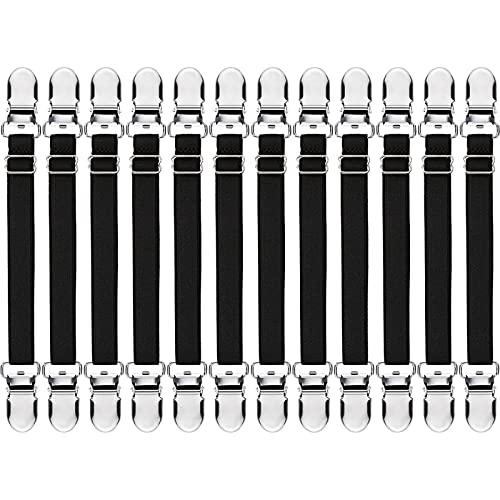 Boao 12 Pcs Bed Sheet Clips Straps Sheet Corner Straps Holder Adjustable Mattress Clips, Elastic Bed Grippers Suspender Fasteners Holder for Home(Black,14-28 Inch Length)