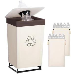 StorageWorks Recycling Bin with Lid, 29Gal Large Recycling Bin for Kitchen, Indoor Recycling Bins with 2 Reusable Washable Bags for Bottles and Cans, Steel Frame Fabric Sorter, 110L, Beige