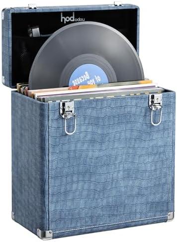 Hododou Vinyl Record Storage Case LP Album Collection Display Box Aluminium Water Resistant Vinyl Record Organizer Storage Valuable Records 7/10/12 Inch Collapsible Storage Crate with Mesh Bag Denim