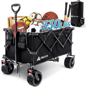 Hikenture Collapsible Wagon Cart, 330lbs Capacity Beach Wagons with Big Wheels for Sand, Heavy Duty Foldable Cart with Brakes, Portable Utility Folding Garden Cart for Outdoor