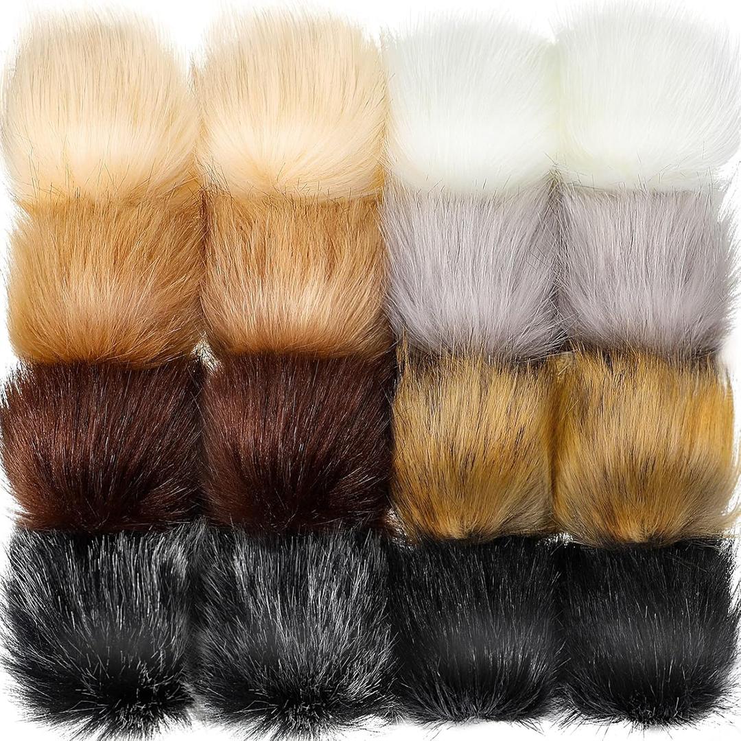 Tatuo 16 Pcs Faux Fur Pom Poms for Hat 4 Inches Large Fluffy Pom Balls for Crafts Knitting Beanies Shoes Scarves Bag Pompoms Keychain Charms Winter DIY Accessories (Black,Gray,Brown,White,Natural)