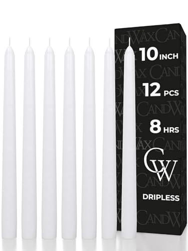 CANDWAX 10 inch White Taper Candles - Set of 12 White Candle Sticks Ideal for Christmas Decorations - Unscented Dripless Smokeless Long Burning Candlesticks - Christmas Candlesticks
