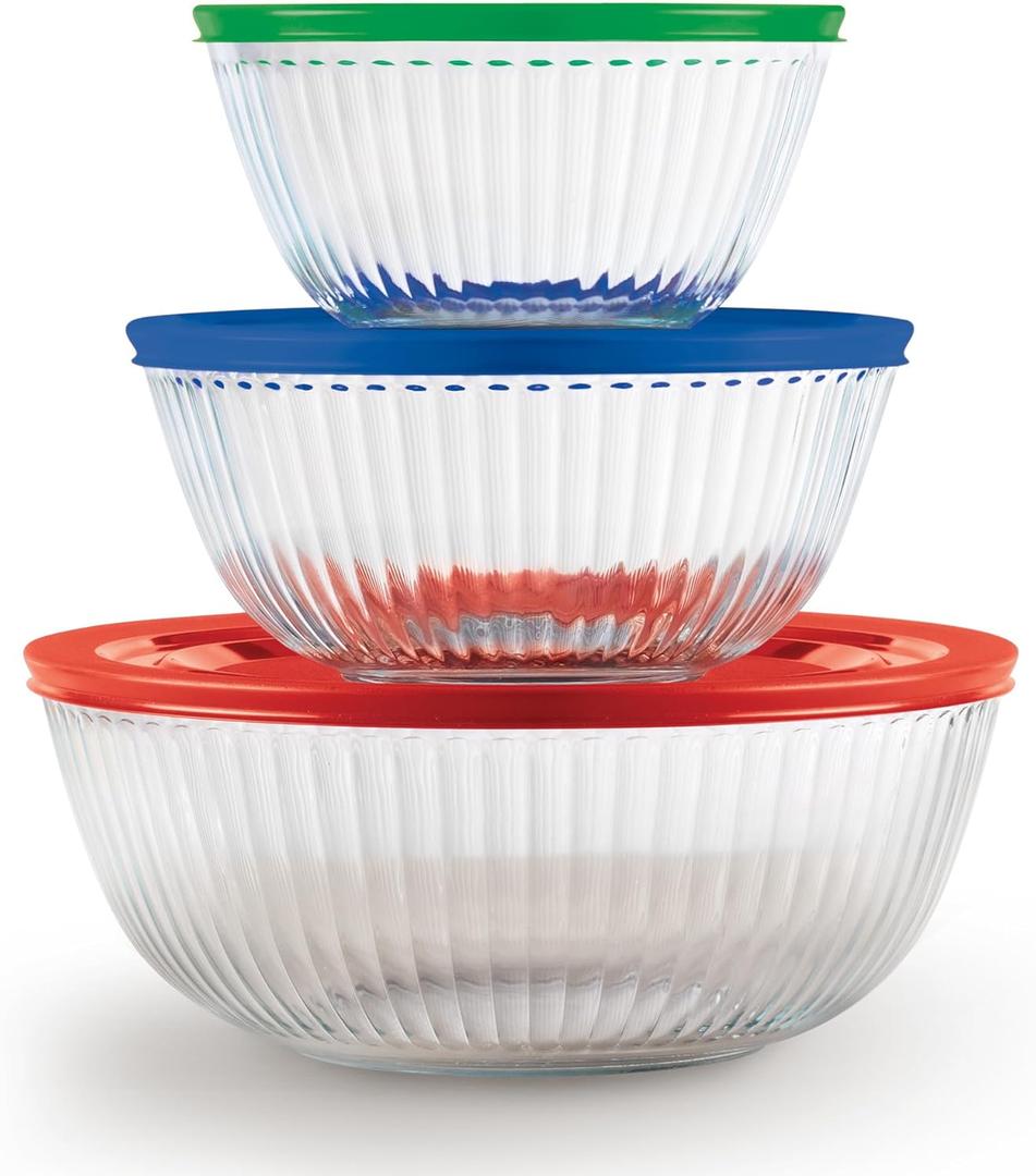 Pyrex Sculpted (3-Pack) Glass Mixing Bowls Set With Plastic Lids For Prepping, Baking and Cooking, Preheated Oven, Dishwasher, Freezer, and Microwave Safe, 1.3-qt, 2.3-qt, and 4.5-qt