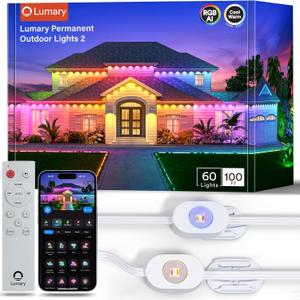 Lumary Permanent Outdoor Lights 2 with Remote, Slide-Base, 100ft with 60 RGBAICW LEDs for House Daily & Accent Lighting, 110+ Scene Modes for Christmas Outdoor Decor, Work with Alexa Google, White
