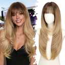 Long Honey Blonde Wig with Bangs for Women, 4x4 Realistic Scalp,Free Parting, Layered Hairstyle Synthetic Heat Resistant for Daily Party Use 26 inch
