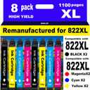 for 822XL Remanufactured for Epson 822XL Ink Cartridges for 822 XL T822 Workforce Pro WF-3820 WF-3823 WF-4820 WF-4830 WF-4833 WF-4834 Printer 8 Pack 2 Black 2 Cyan 2 Magenta 2 Yellow