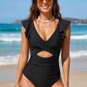 B2prity One Piece Swimsuits for Women Ruffle Sleeve V Neck Bathing Suit Tummy Control Cutout Monokini Slimming Swimwear (Black)