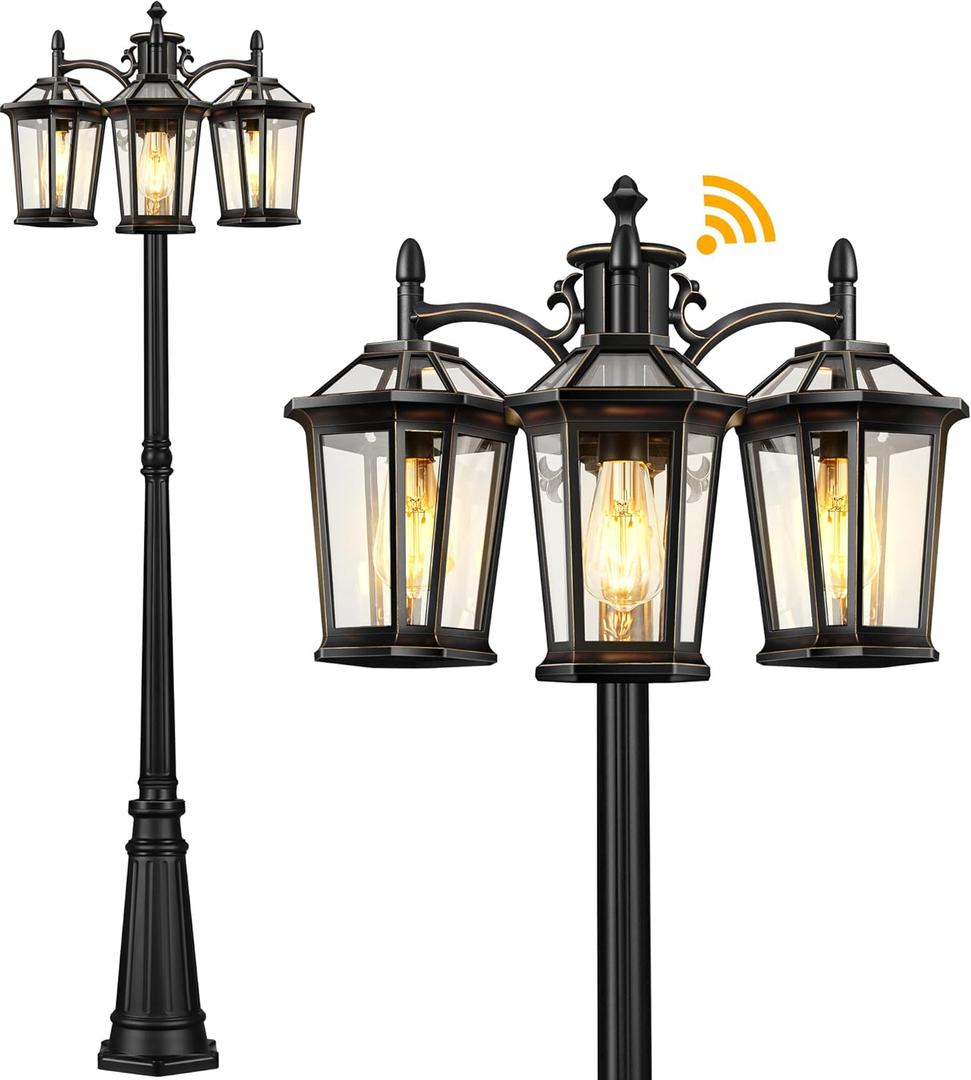 VIANIS Lamp Post Outdoor Lighting Dusk to Dawn, Waterproof 3-Head Outdoor Post Lights with 100% Aluminum, Outside Lamp Post Street Light with Tempered Glass Panels for Backyard Garden Patio Driveway (Black Gold)