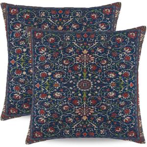 Vintage Navy Blue Floral Pillow Covers 16X16 Inch Set of 2 Boho Ethnic Carpet Pattern Decorative Throw Pillow Case Square Linen Red Art Decor Cushion Cover for Home Couch Sofa Bedroom