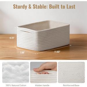 3 Pack White Small Woven Storage Baskets for Shelves, Cotton Rope Baskets Organizer for Bathroom, Closet & Nursery, Decorative Storage Bins for Organizing Socks, Toys, 11.8"x7.9"x4.7"