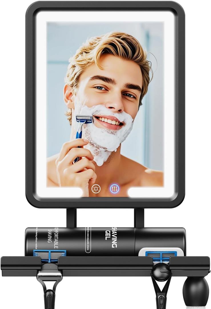 Heated Shower Mirror Fogless for Shaving 2025 New, 3 Colors Stepless Dimmable Lights Anti Fog Shower Mirror, Fog Free Mirror for Shaving with Razor Holder for Men, NO-Drilling, Removable - Black