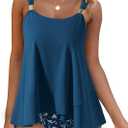 RXRXCOCO Women Tankini Bathing Suits Ruffle High Waisted Swimsuit Plus Size Tummy Control Swimwear (Blue Floral) XL