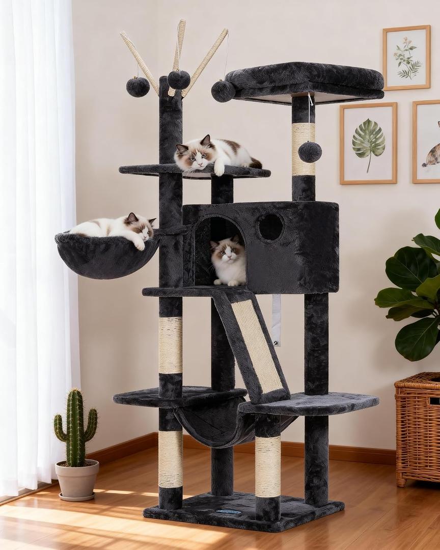 Hey-brother Cat Tree, 53 inch Cat Tower for Indoor Cats, Cat House with Padded Platform Bed, Toy Balls, Large Cozy Condo, Hammocks and Sisal Scratching Posts, Smoky Gray MPJ019-SG