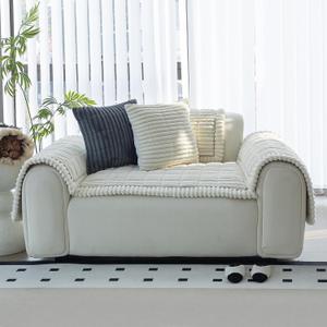 Sofa Couch Cover, Sofa Covers for Dogs Washable, Non-Slip Striped Sofa Slipcovers for Sectional Sofa, Sofa Cover Furniture Protector for L Shaped(Beige White, 27.6"x 27.6")