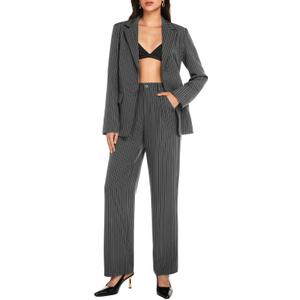 Casly Lamiit Women's 2 Piece Pant Suit Business Casual Outfits Striped Notched Collar Blazer Wide Leg Pants Sets (X-Large, Dark Grey)