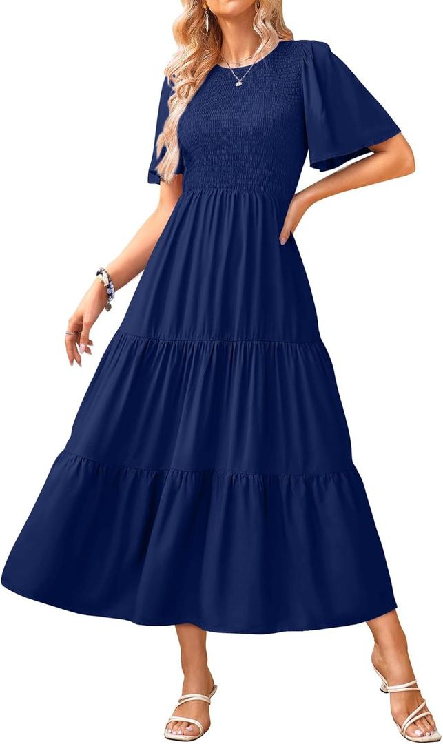 KIRUNDO Womens Fashion 2025 Spring Summer Casual Flutter Short Sleeve Midi Dress Smocked Tiered Aline Going Out Dresses (XX-Large, Navy)