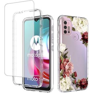 for Moto G30/Moto G10/Moto G20/Moto G10 Power XT2129-1 Case with Tempered Glass Screen Protector, Full-Body Cute Clear Floral Pattern Protective Phone Cover Case for Motorola Moto G30 (Flower)