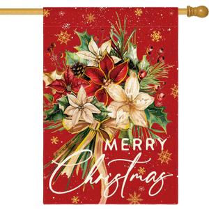 AVOIN colorlife Floral Merry Christmas House Flag 28x40 Inch Double Sided Outside, Christmas Flowers Winter Holiday Yard Outdoor Decorative Flag (Red)