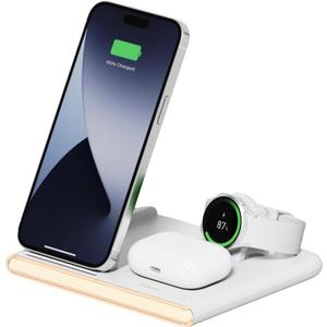 mooas Flip Square 3 in 1 Fast Wireless Charging Nightlight (White), 2 Color 3 in 1 Wireless Charger, Compatible with iPhone 12/13/14/15, Galaxy S21, S22, S23, S24, Apple Watch Galaxy Watch