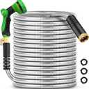 75Ft Metal Garden Hose durable stainless steel Water Hose, flexible, lightweight hose is resistant to kinks and tangles, With 10-way nozzle, strong 3/4 metal fittings, and a Stop Valve (Silver)