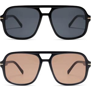 Retro Trendy Square Aviator Sunglasses Womens Mens 70s Classic Vintage Oversized Sun Glasses AR82173 (Black+black/Light Red)