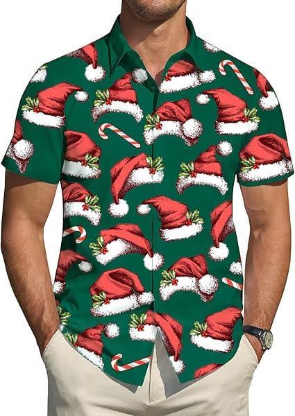 Christmas Shirt for Men Hawaiian Beach Graphic Shirts Xmas Holiday Button Down Short Sleeve Casual Tops (Green, XL)