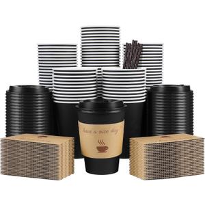 100 Pack 12 oz Coffee Cups with Lids, Disposable To Go Paper Coffee Cups with Sleeves and Stirring Sticks for Hot/Cold Drinks Office Home Shop Event (Black)