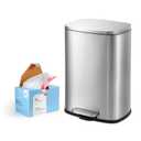 QUALIAZERO 50L/13Gal Stainless Steel Commercial/Kitchen Step Trash Can & 13 Gal Trash Bag Set, Soft Close Lid, Rectangle Shape (50L RECT & Bag)