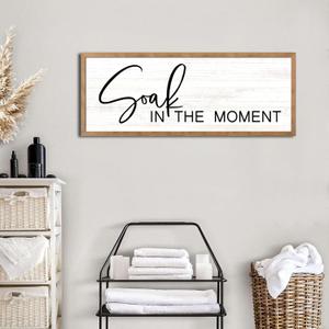 Soak in the Moment Wooden Sign Framed Wall Art, Rustic Horizontal Motivational Bathroom Quote Wood Plaque above the Bathtub, 32''12'' Farmhouse Long Inspirational Shower Room Saying Wood Sign Wall Decor