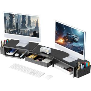 Gianotter Dual Monitor Stand Riser, Desk Organizer With Drawer and 2 Pen Holders, Computer Monitor Stand, Shelf for Top of Desk, Black