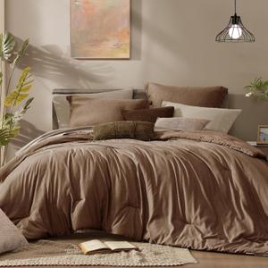 Monbix Queen Comforter Set - 7 Pieces Cationic Dyeing Brown Bed in a Bag Queen Bedding Sets with Comforter, Sheets, Pillowcases & Shams, Reversible Bedding Comforters Sets