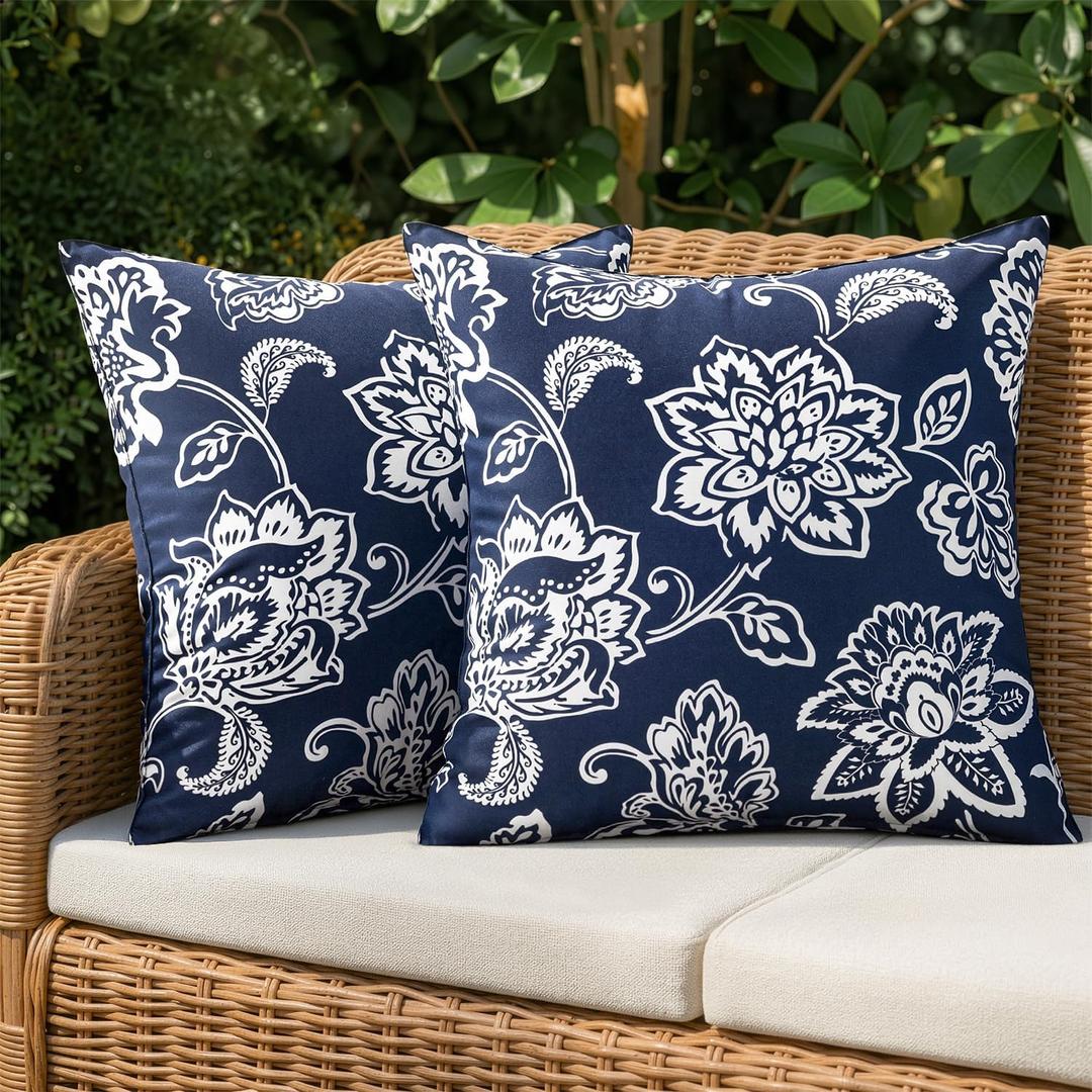 Decorative Outdoor Floral Pillow Covers Set of 2,Waterproof Boho Farmhouse Throw Pillows Summer Coastal Accent Pillowcases for Patio Furniture Garden Sofa 18x18 Inch, Navy Blue