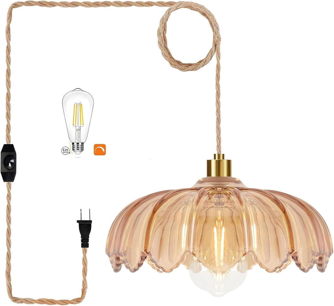Plug in Pendant Light Hanging Lights with in Cord Mid Century Modern Gold Hanging Lamp Flower Glass Amber Vintage Dimmable Chandelier Ceiling Fixture for Living Room,Kitchen,Boho