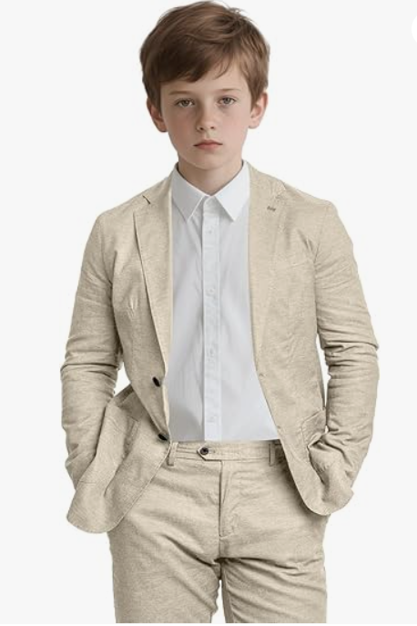 Boy Beige Suit for Kids Linen Slim Fit Beach Wedding Suits Formal Dress Tuxedo Ring Bearer Outfits Boys Casual Clothes, Size 10Y