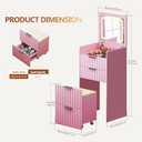 Small Vanity Desk with Flip Top Mirror and Lights,Fluted Compact Makeup Vanity with Hidden Storage Stool and Drawers,Modern Vanity Table Set for Small Space, Bedroom,Pink