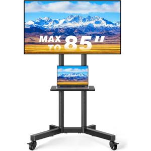 Rolling TV Stand with Shelf for 32-85 inch TVs up to 150lbs, Portable Mobile TV Cart with Silent Wheel, Height Adjustable Universal Corner TV Stand for Bedroom, Living Room, Office