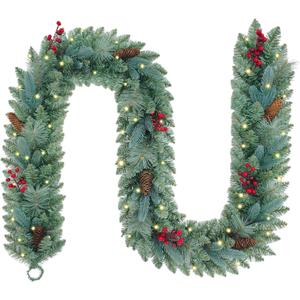 9FT Pre-lit Blue Spruce Artificial Christmas Garland with Red Berries and Pine Cones, 50 Warm White LED Lights, Battery Operated with Timer, Classic Holiday Decoration