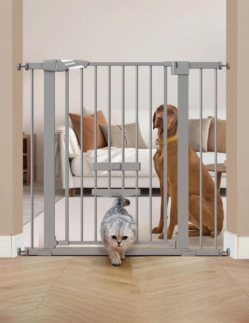 BABELIO 36 Inch Extra Tall Baby Gate with Cat Door, 29-40" Metal Pet Door for Stairs, Doorways, House, Auto Close, Easy Walk Thru, Gray