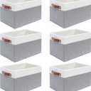 6 Pack Fabric Storage Baskets for Shelves , Closet Storage Bins for Shelves, Fabric Baskets for Organizing with Handles for Home and Office (White with Grey,15" L*10.2" W*9" H)