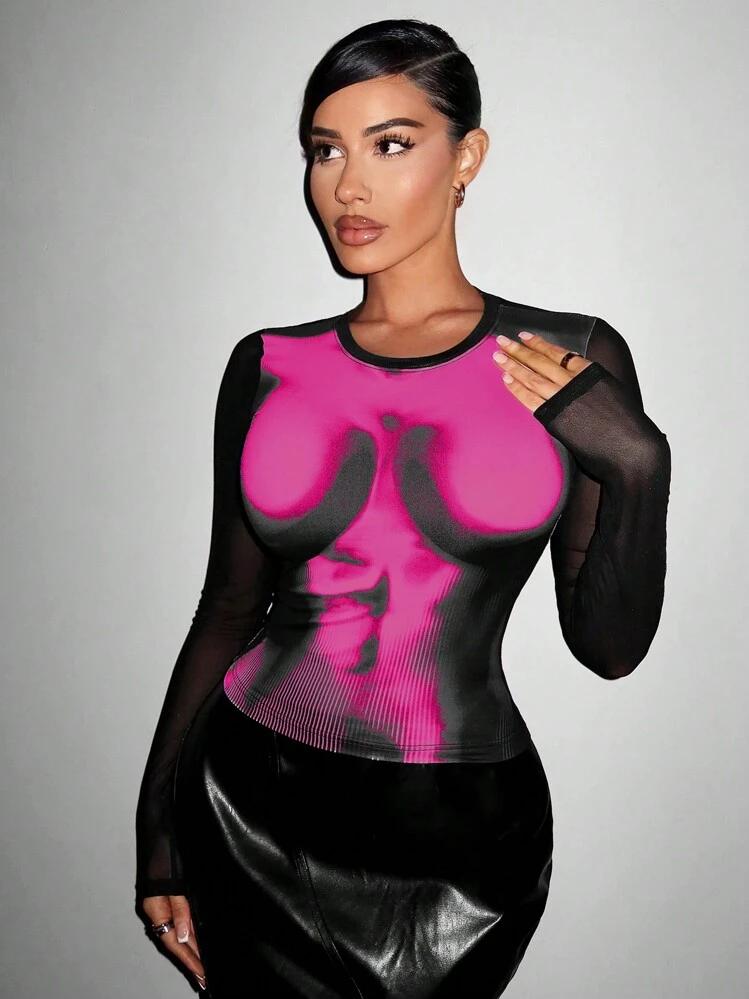 Floerns Women's Plus Size Mesh Long Sleeve Graphic Print Club Tee Shirts Hot Pink, 1XL