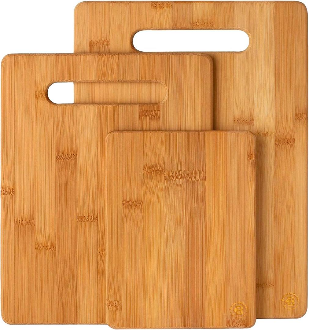 Bamboo Cutting Boards for Kitchen [Set of 3] Wood Cutting Board for Chopping Meat, Vegetables, Fruits, Cheese, Knife Friendly Serving Tray with Handles, 3 Piece Large, Medium, Small Size for Food Prep