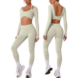 ABOCIW Workout Sets for Women Long Sleeve Crop Top Scrunch Butt Lifting High Waist Leggings 2 Piece Gym Yoga Outfits (Large, Pistachio)