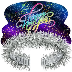 Beistle 25-Pack New Year's Eve Celebration Tiaras, Metallic with Fireworks Design and Silver Fringe, Perfect Party Favors for NYE Events