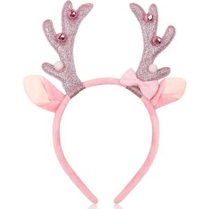 Christmas Reindeer Headband with Bells, Christmas Festive Glitter Pink Deer Antler Hair Accessory Hairband for Women Xmas Party Decoration Supplies