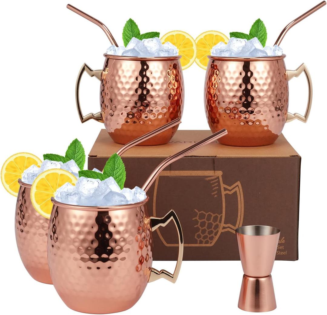 Moscow Mule Mugs Set of 9-20oz Hammered Moscow Mule Mugs Drinking Cup 304 Stainless Steel with 4 Straws-1 Jigger-Great Dining Entertaining bar Gift Set Mug Set of 4, Double Jigger Included