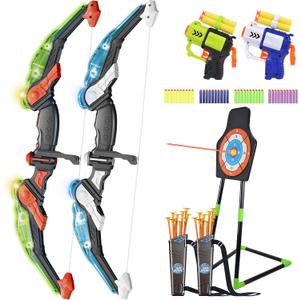 2 Pack Bow and Arrow Set with LED Light-up, 2 Toy Arrow for Kids 4-12 Years Old Outdoor Archery Shooting Game with Target, 20 Suction Cup Arrows, 40 Bullets for Boys & Girl Ideal Gift Presents