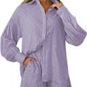 Women's 2 Piece Outfits Oversized Long Puff Sleeve Blouse Shirt High Waisted Side Pocket Shorts Set (Purple)